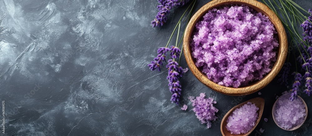 Aufkleber handmade lavender scrub with coconut oil lavender tonic spa set toiletries. with copy space image. p