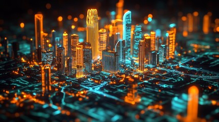 Futuristic city energy management system visualized in real-time: A holographic city model showing energy flow and usage data.