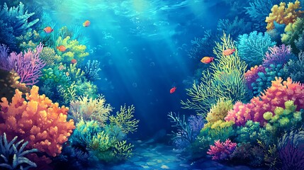Obraz premium Vibrant underwater scene featuring colorful coral and diverse marine life, creating a serene oceanic atmosphere.