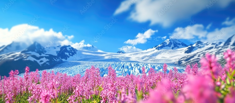 Poster pink dwarf fireweed blossoms glacier and blue sky. with copy space image. place for adding text or d