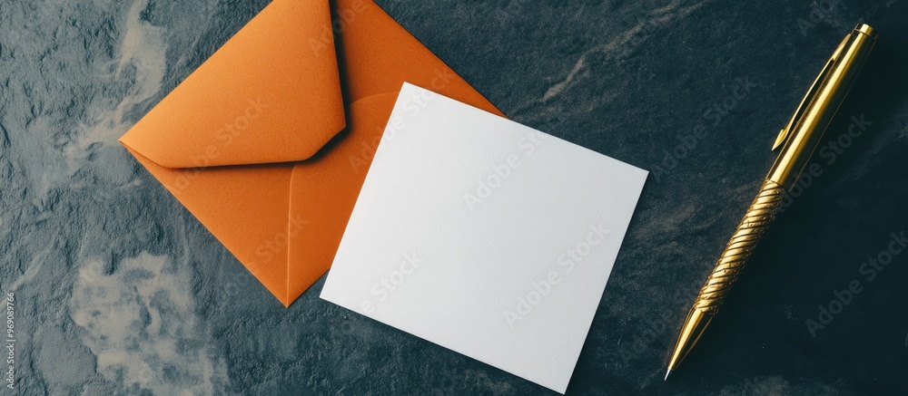 Aufkleber a blank white card beside a golden pen and an orange paper envelope. with copy space image. Place for adding text or design