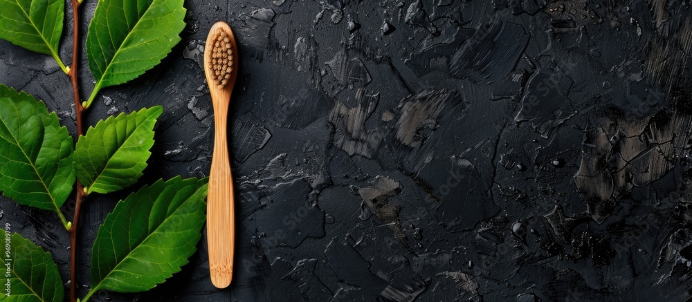 Aufkleber Wooden toothbrushes and green leaves on a black background Zero waste idea Space for text Top view. with copy space image. Place for adding text or design