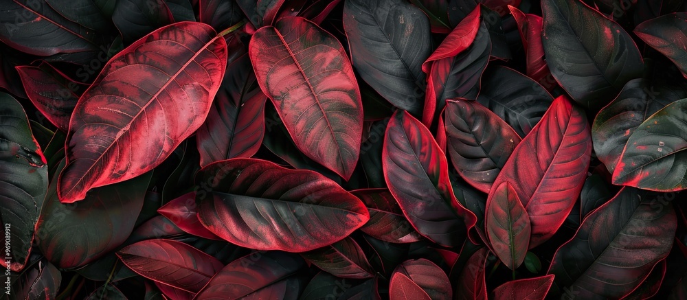Poster Dark large leaf texture with a red tint A creative arrangement of green leaves Flat lay Natural background. with copy space image. Place for adding text or design