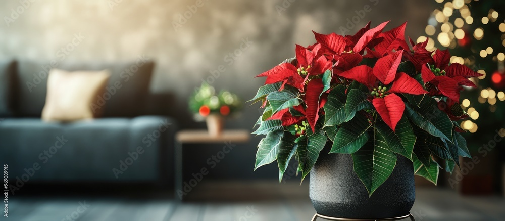 Poster potted poinsettia on a stand in a decorated room with room for text traditional christmas flower. wi