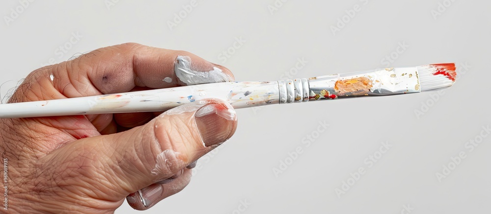 Poster Paintbrushes held in a male hand against a white background. with copy space image. Place for adding text or design