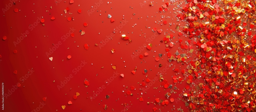 Leinwandbilder Border of shiny golden confetti on a red background viewed from above Room for text. with copy space image. Place for adding text or design