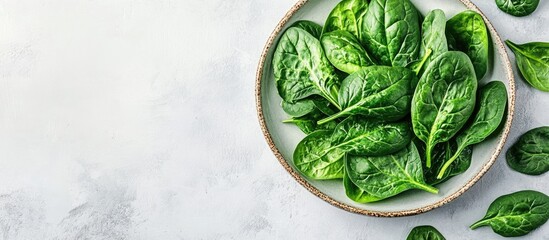 Obraz premium A group of fresh spinach leaves on a plate against a light background Horizontal layout Copy space Top view Vegan cuisine Nutritious and delicious greens