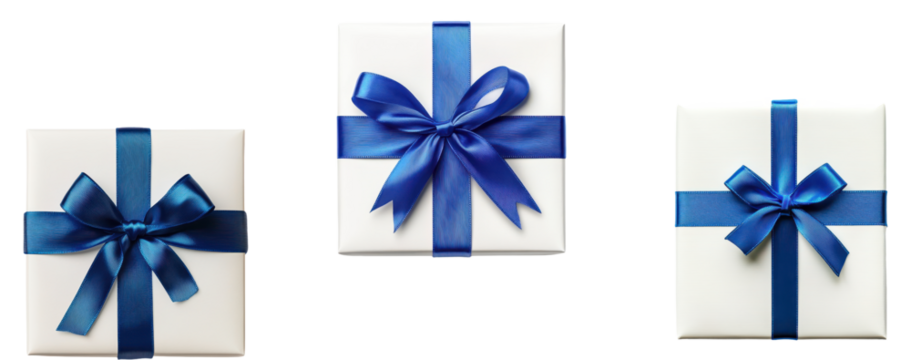 Set of White gift box with blue ribbon, top view, full length, isolated on transparent background, elegant present