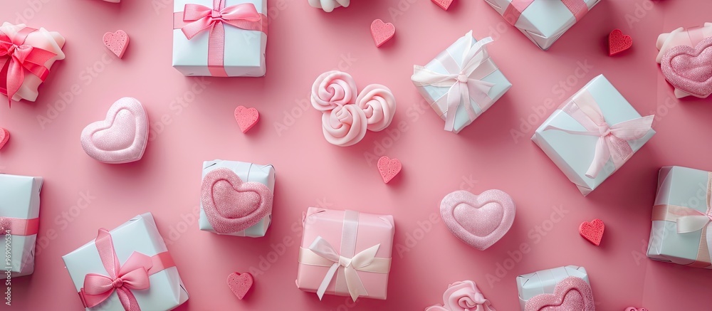 Poster overhead view of multicolored gift boxes on a pink background with copy space valentine s day and lo