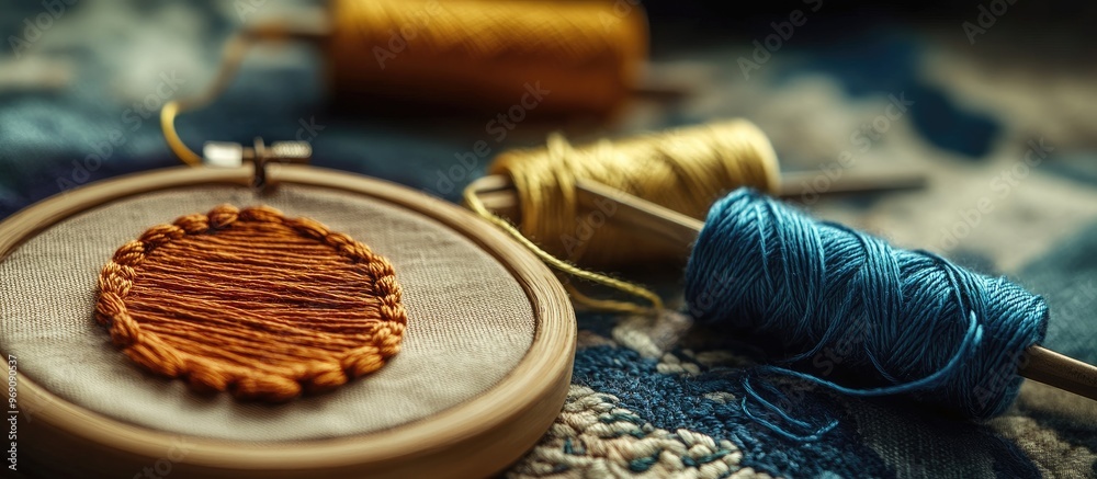 Leinwandbilder Embroidery set featuring an embroidery hoop and embroidery thread with selective focus and a shallow depth of field. with copy space image. Place for adding text or design