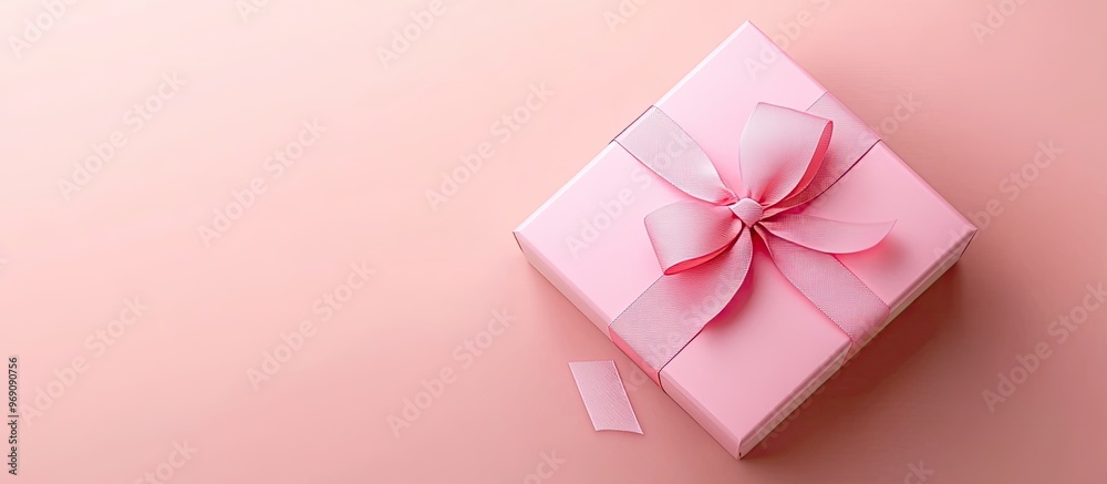 Poster Gift box wrapped in pastel paper with a pink ribbon on a pink surface Top view. with copy space image. Place for adding text or design