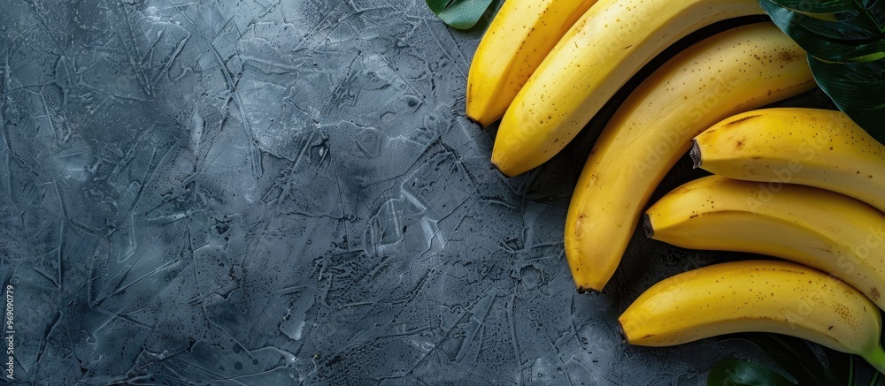 Poster A bunch of bananas along with a sliced banana placed on a table looking delicious and natural Set against a stone background Free copyspace Top view