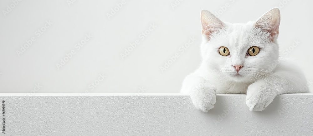 Poster white cat positioned against a white background. with copy space image. Place for adding text or design