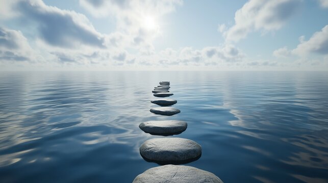Stepping grey stones with texture forwarding in beach sand and ocean water with bright sky