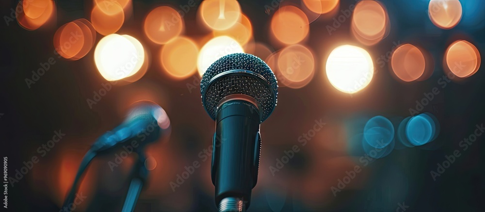 Poster Microphone on abstract blur of speech in a seminar room or conference hall light Bokeh background. with copy space image. Place for adding text or design