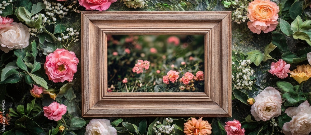 Poster Empty wooden photo frame and preserved flowers. with copy space image. Place for adding text or design