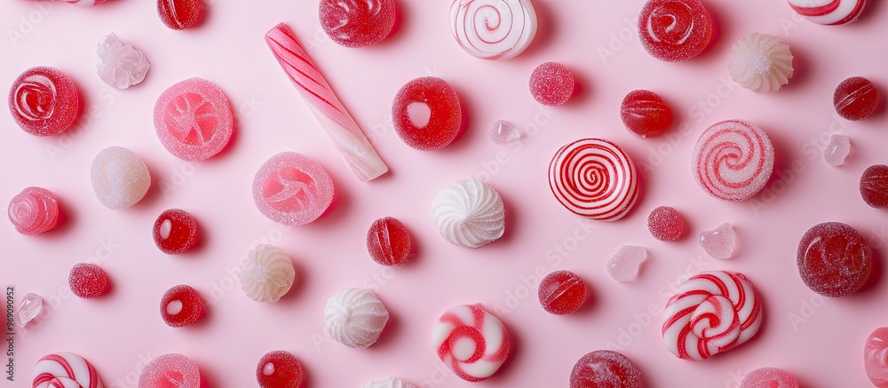 Poster Various jelly candies and lollipops on a pink background flat lay Room for text. with copy space image. Place for adding text or design