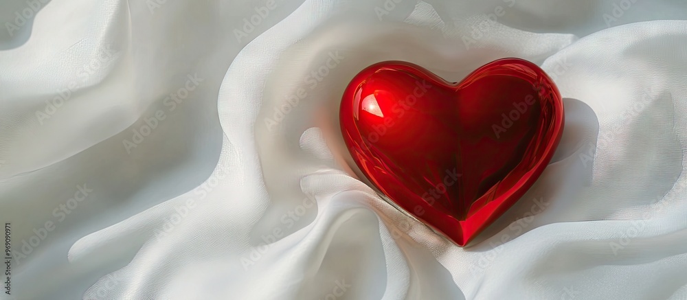 Aufkleber red box jewelry heart positioned on white fabric. with copy space image. place for adding text or de