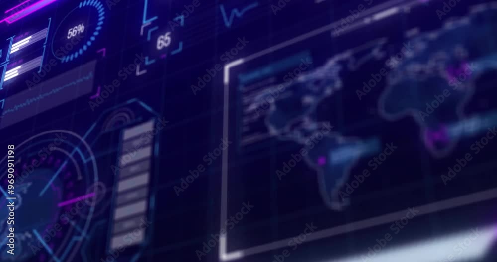 Poster animation of financial data processing with world map and globe on black background