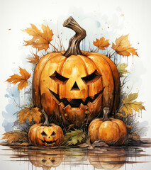 Horrible pumpkins with faces against the background of autumn leaves and branches, on a light background, watercolor