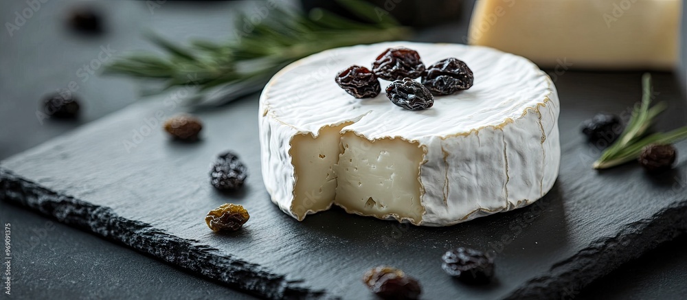 Poster round white homemade goat cheese on a slate board accompanied by raisins. with copy space image. pla