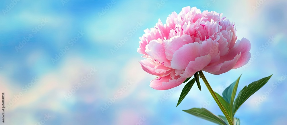 Fototapete pink peony flower in front of a blurred background featuring a blue sky. with copy space image. plac