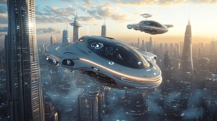 Futuristic cityscape with autonomous flying taxis: Sleek, airborne vehicles navigating through skyscrapers.