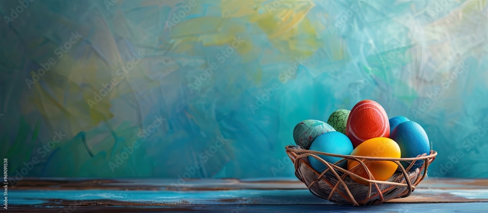 Aufkleber basket filled with vibrant Easter eggs on a blue wooden backdrop selective focus tinted image. with copy space image. Place for adding text or design