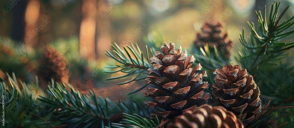 Poster Pine cone set against a natural and forested background. with copy space image. Place for adding text or design