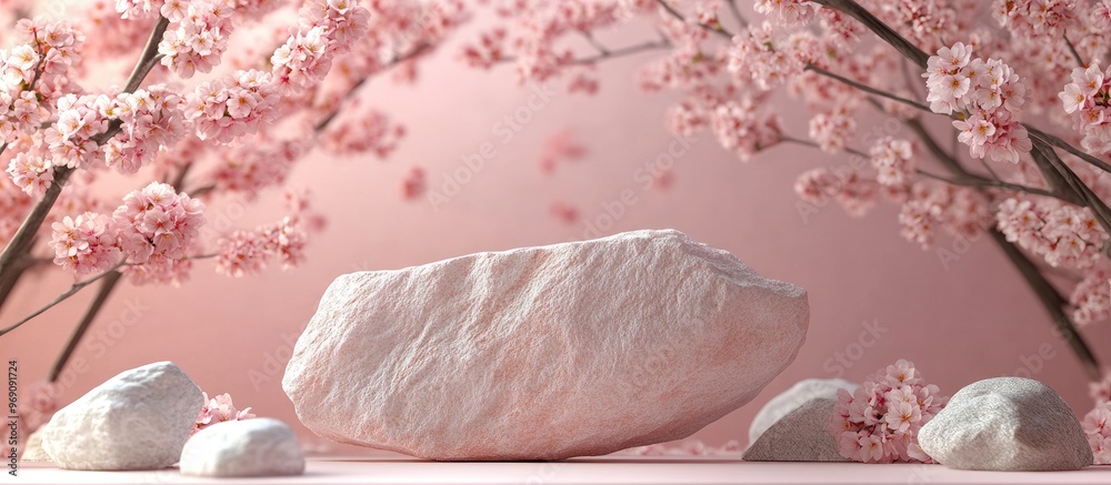 Poster Wide banner featuring a stone display for presentation Minimalist branding setting with vibrant cherry blossoms and pastel colors. with copy space image. Place for adding text or design