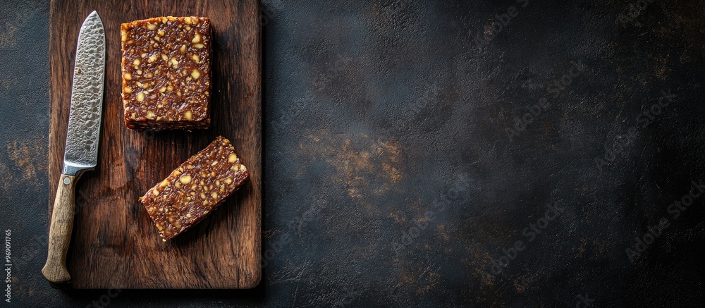 Leinwandbilder fresh raw tempeh on a cutting board with a knife for chopping concept of food preparation. with copy