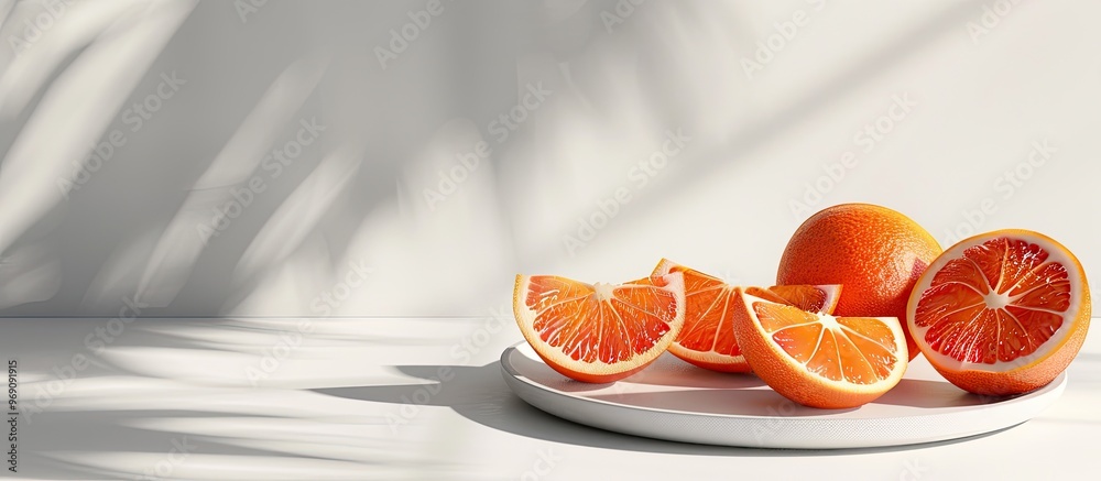 Leinwandbilder composition of whole and sliced blood oranges arranged on a plate against a white table background. 
