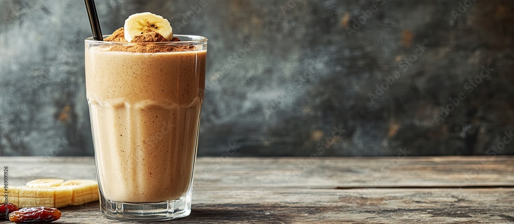 Leinwandbilder Banana Date Fruit and Cinnamon Smoothie or Milkshake in a Glass on a Wooden Table against a Grey Background. with copy space image. Place for adding text or design