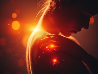 Close-up of a person gripping their shoulder with intense red light radiating, depicting sharp shoulder ache