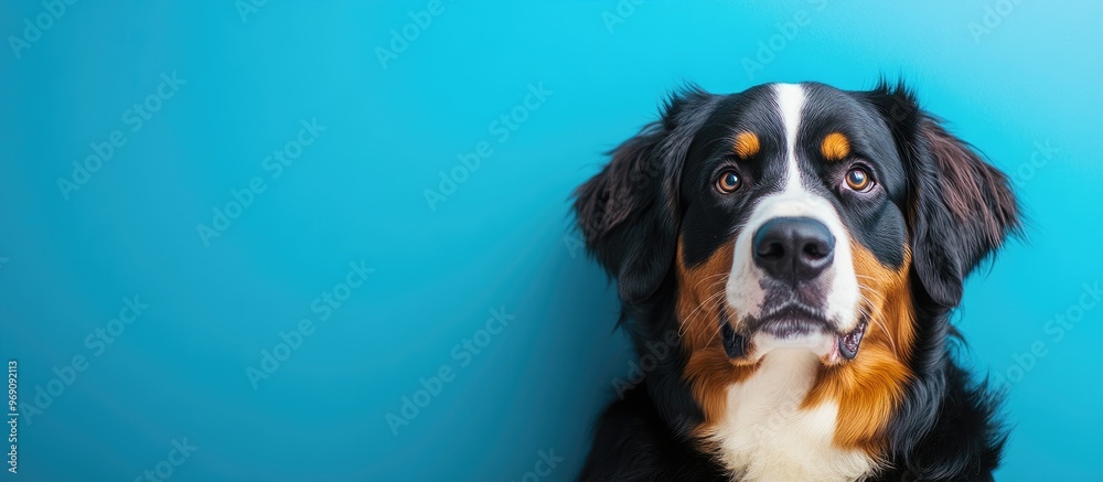 Poster selective focus vertical portrait of a beautiful yellow bernese mountain dog mixed with a pyrenean m