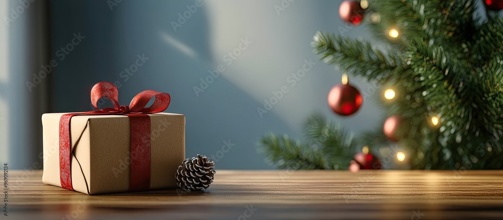 Aufkleber gift box on table festive christmas backdrop. with copy space image. place for adding text or design