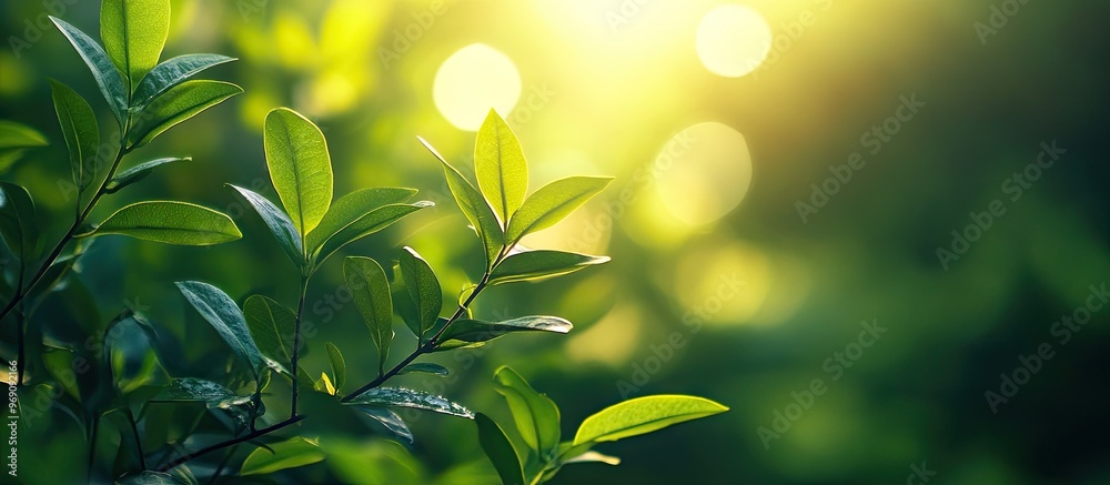 Poster Natural perspective of green leaves set against a blurred green backdrop in the garden featuring a copyspace that serves as a background of natural green plants with a bokeh effect