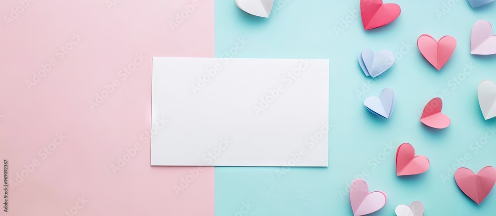 Aufkleber valentine background concept featuring a top view of a blank white greeting card alongside colorful 