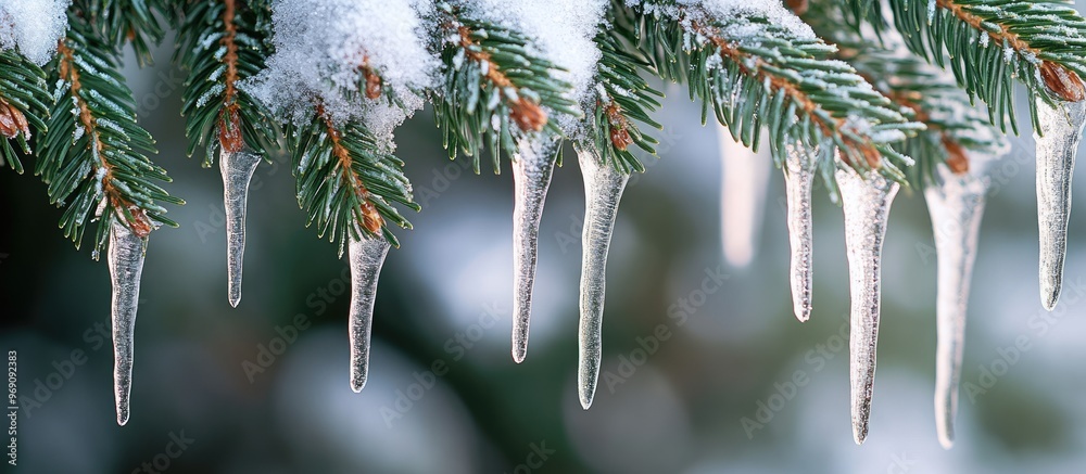 Leinwandbilder close up of snow covered spruce branches winter christmas backdrop icicles hanging from spruce branc