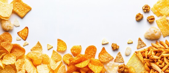 An assortment of crisps and snacks on a white background with copyspace viewed from above