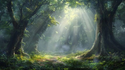 Obraz premium A dense, misty forest with towering ancient trees and soft rays of sunlight piercing through the fog, evoking a sense of mystery and tranquility