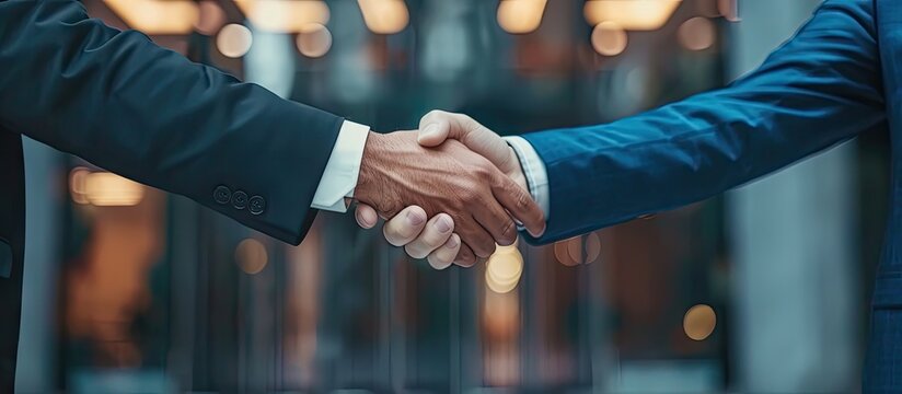 Banner showcasing lawyer teamwork and partnership through a handshake between businessmen Panorama featuring two men demonstrating trust honesty and commitment in a law firm setting Diversity and sol