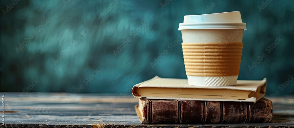 Poster Coffee in a disposable cup next to a stack of books on the table close up with space for text. with copy space image. Place for adding text or design