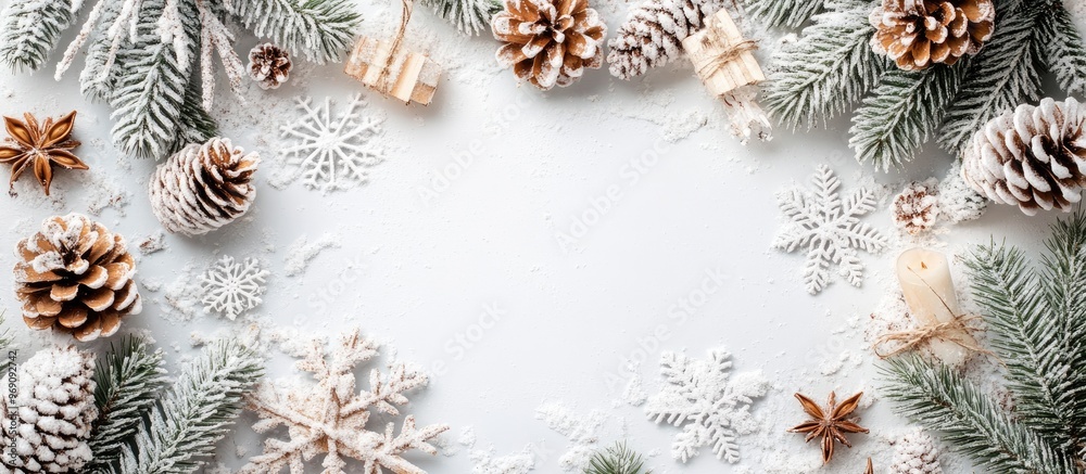 Aufkleber christmas backdrop featuring a wooden tree decoration snowflakes and pine cones on a white surface f