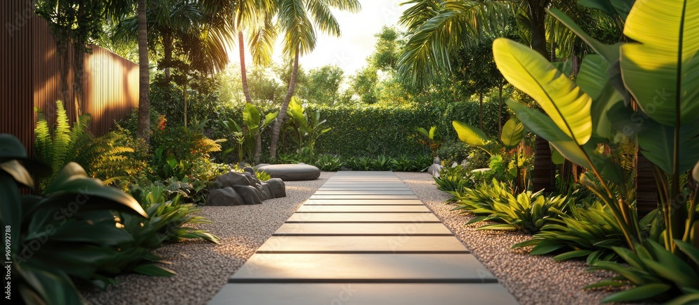 Aufkleber fascinating walkway in the yard. with copy space image. Place for adding text or design