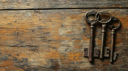 Rusted antique keys on weathered wooden table