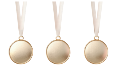Set of mocap realistic place medal with metal badge in pastel colors for winners and champions with copy space. Collection of real gold medals cut out and isolated on transparent background png