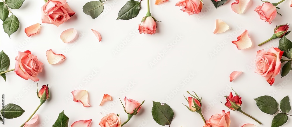 Poster frame of rose flowers on a white background top view with copy space flat lay design idea