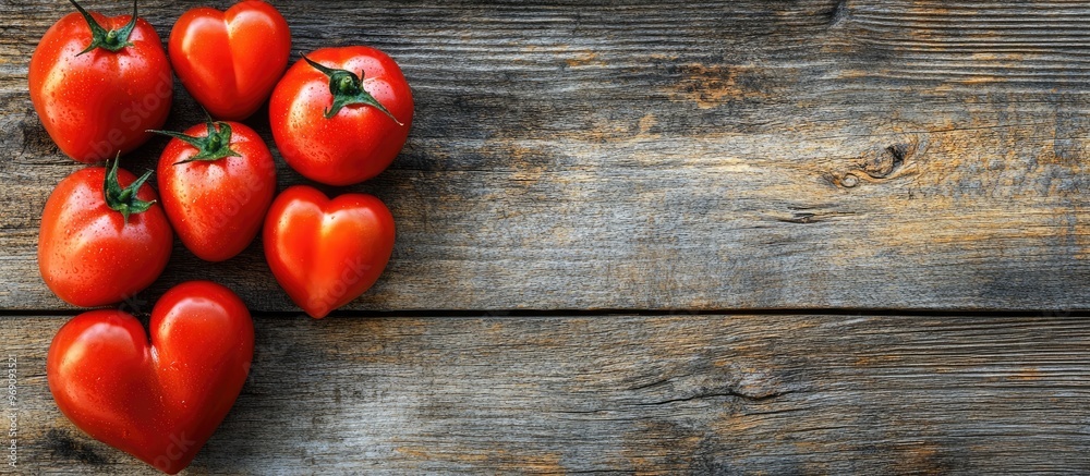 Aufkleber ox heart tomatoes on a rustic wooden background with copyspace for text top view