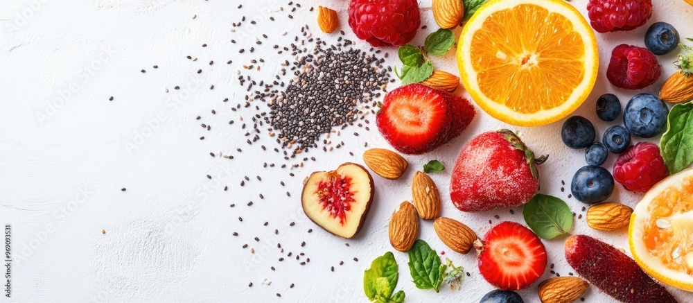 Leinwandbilder Nutritious fruits with chia seeds and almonds against a white background. with copy space image. Place for adding text or design